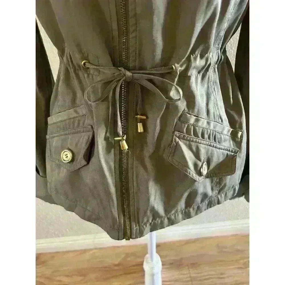 GUESS Women’s Size SM Military Green Trench Rain Coat Jacket Gold Draw String - Picture 4 of 7